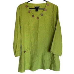 Ali Miles Sz Large Green 100% LINEN Abstract Wearable Art Blouse Shirt Top /s1‎